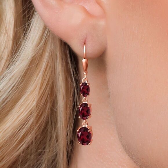 18K Rose Gold with 5.50 Cttw 3 Stone Rhodolite Garnet Leverback Drop Earrings - Picture 2 of 5